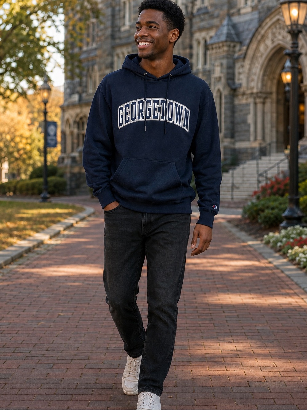 Georgetown Hoyas Men’s Medium Navy Embroidered Pullover Hoodie by Champion EUC